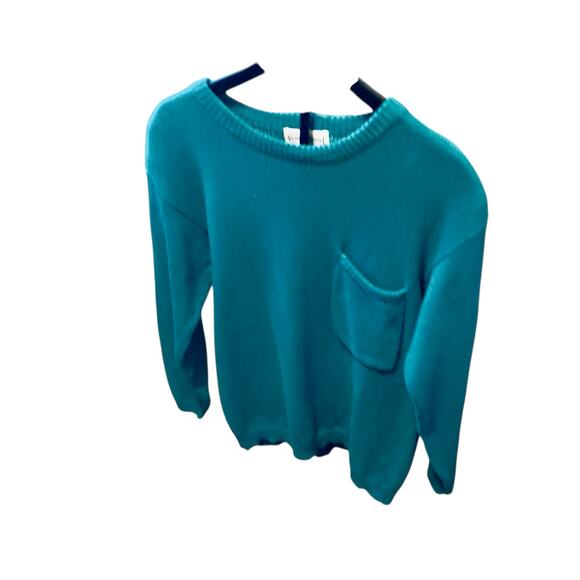 VTG 80s Small Daniel Caron Ramie Cotton Teal Green Crewneck Knit Sweater Pocket - Picture 1 of 14